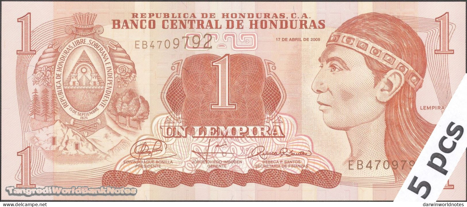 DWN - HONDURAS P.89a - 1 Lempira 2008 UNC - Various Prefixes - DEALERS LOT X 5 - Honduras