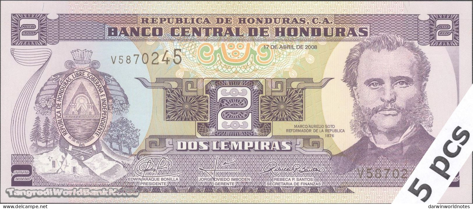 DWN - HONDURAS P.90a - 2 Lempiras 2008 UNC - Various Prefixes - DEALERS LOT X 5 - Honduras