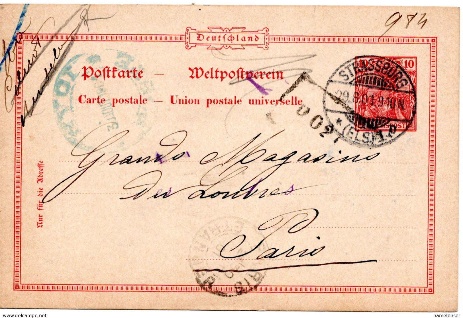 69713 - Deutsches Reich - 1901 - 20Pfg Germania GAKte STRASSBURG -> PARIS (Frankreich) - Covers & Documents