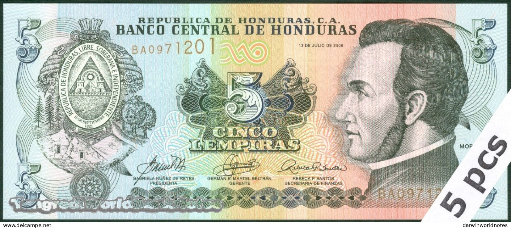 DWN - HONDURAS P.91a - 5 Lempiras 2006 UNC - Various Prefixes - DEALERS LOT X 5 - Honduras