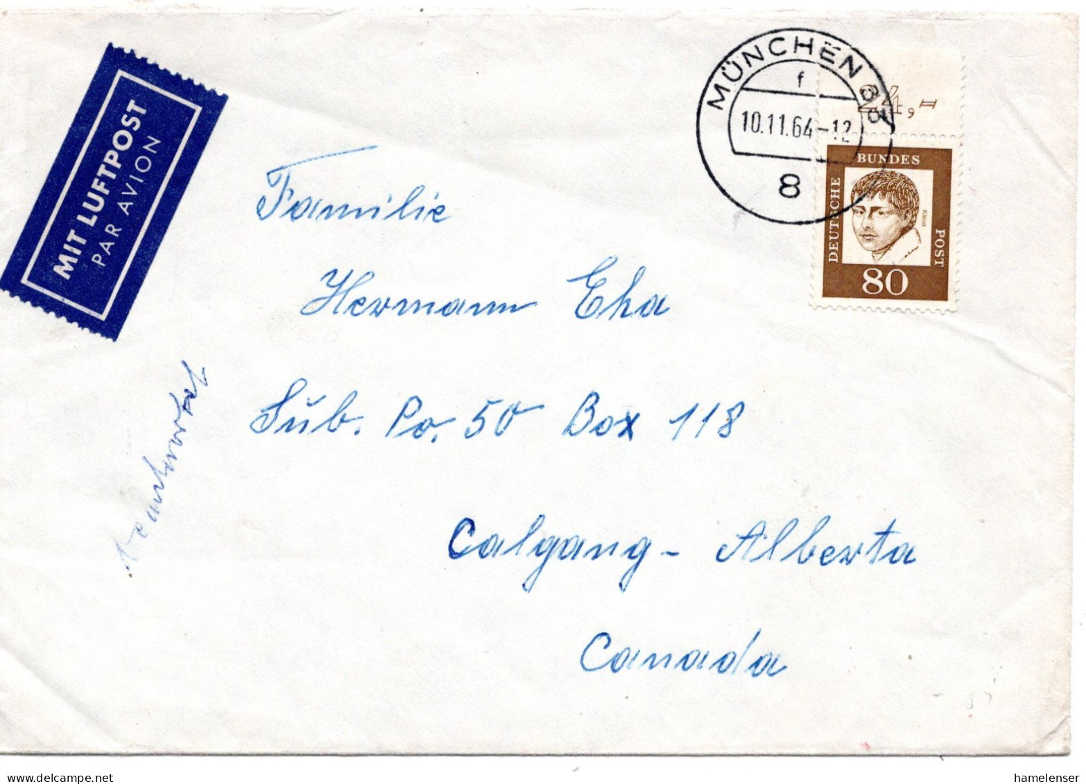 69714 - Bund - 1964 - 80Pfg Kleist EF A LpBf MUENCHEN -> Calgary, AB (Canada) - Cartas & Documentos