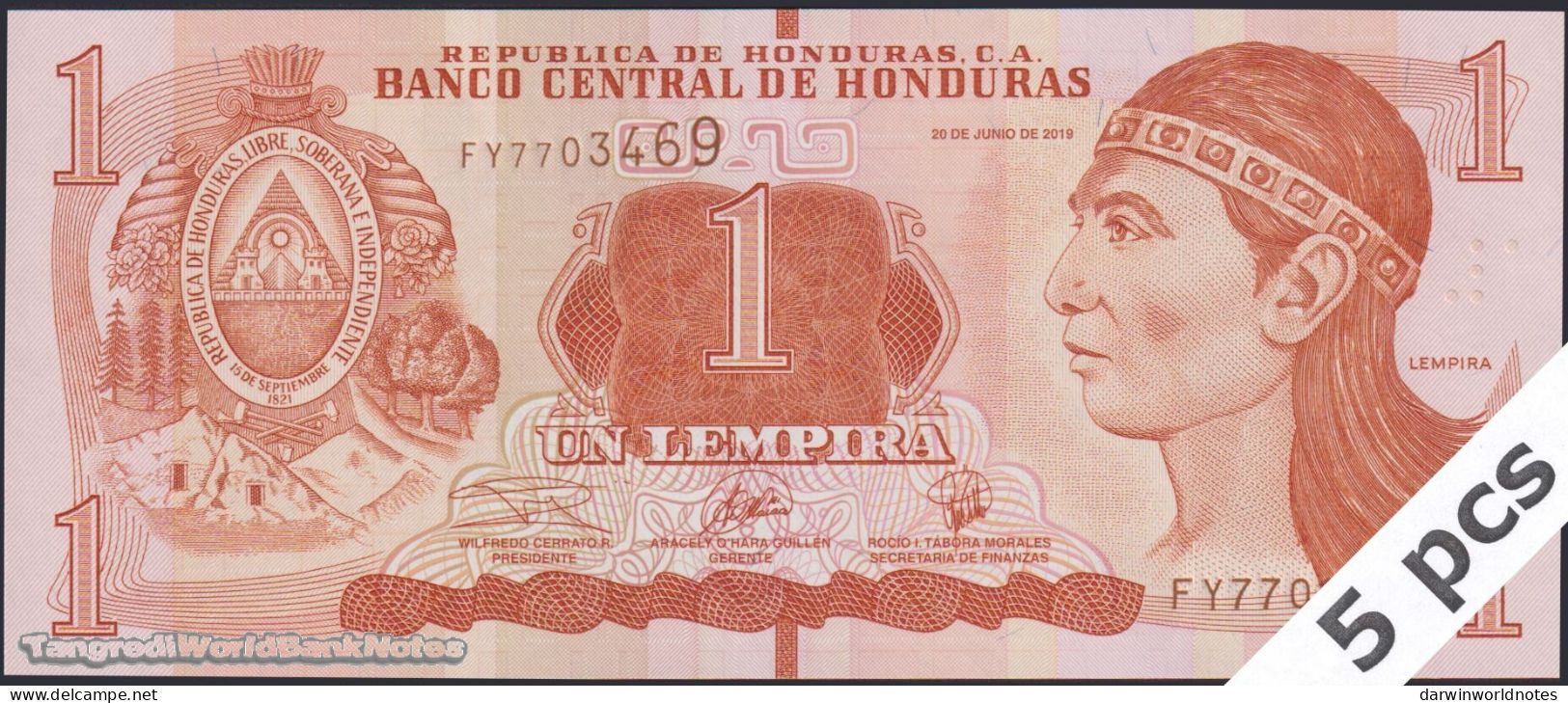 DWN - HONDURAS P.96d - 1 Lempira 2019 (2021) UNC - Various Prefixes - DEALERS LOT X 5 - Honduras