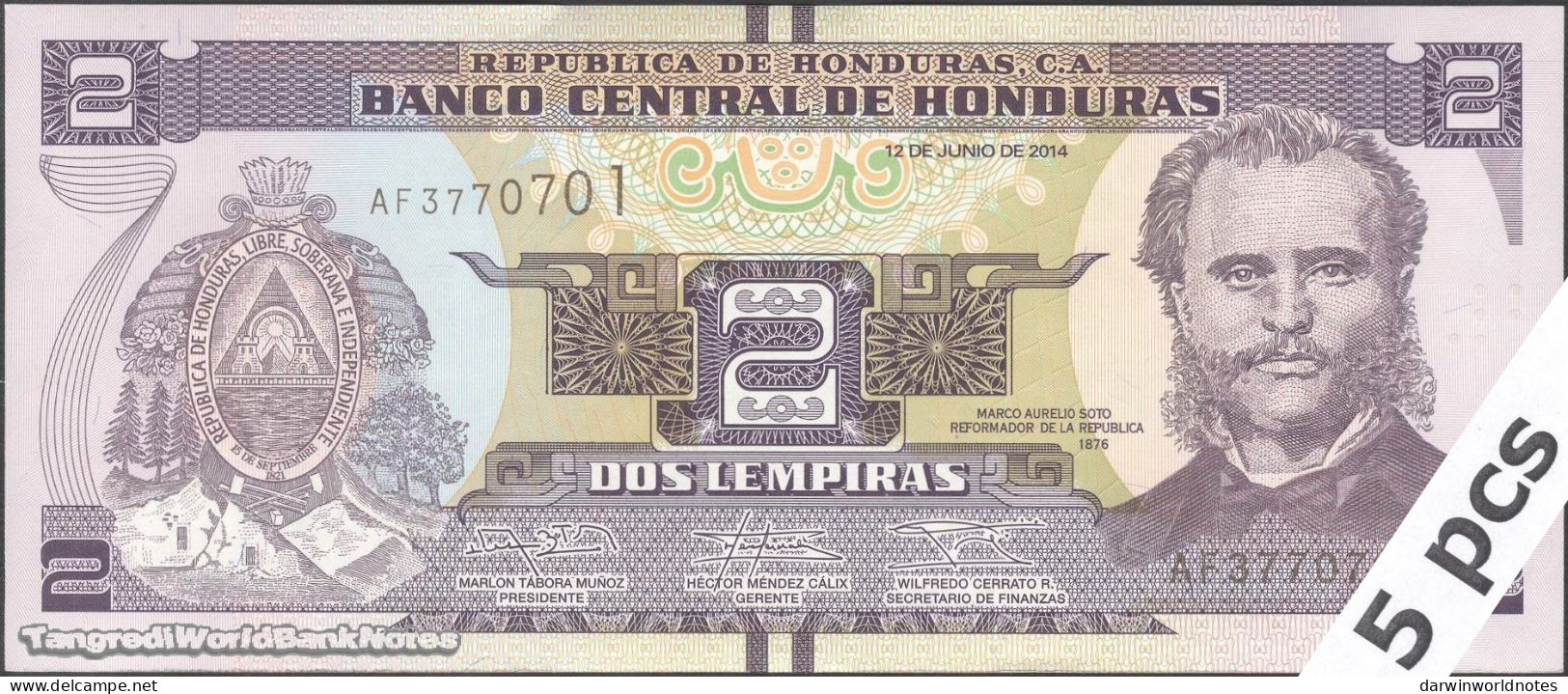 DWN - HONDURAS P.97b - 2 Lempiras 2014 (2016) UNC - Various Prefixes - DEALERS LOT X 5 - Honduras