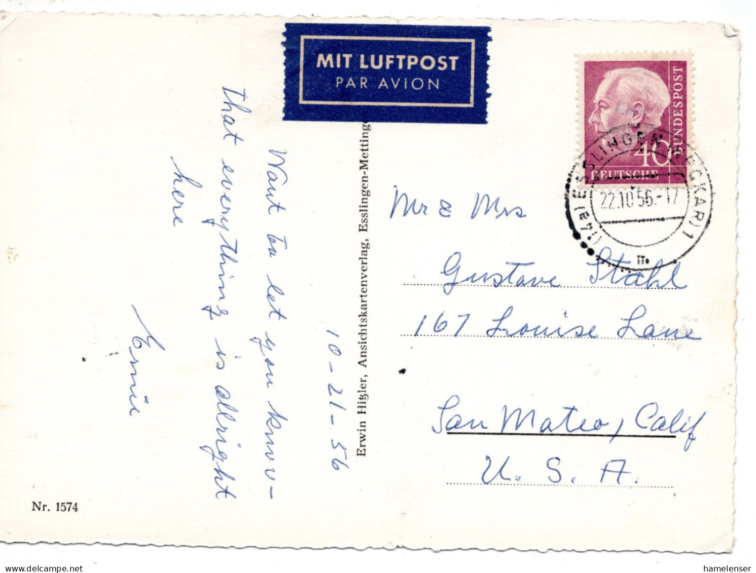 69715 - Bund - 1956 - 40Pfg Heuss I EF A LpKte ESSLINGEN -> San Mateo, CA (USA) - Briefe U. Dokumente