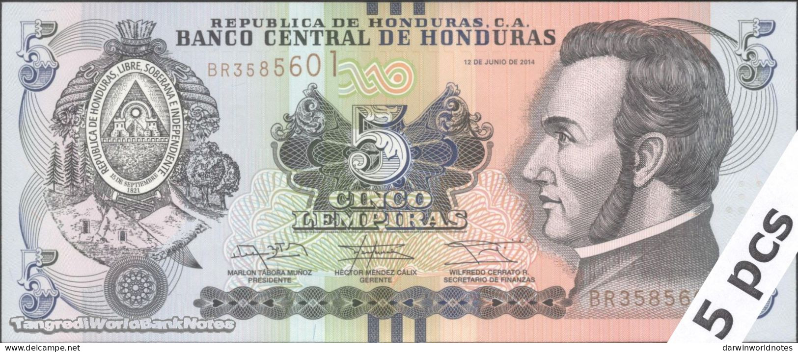 DWN - HONDURAS P.98b - 5 Lempiras 2014 (2017) UNC - Various Prefixes - DEALERS LOT X 5 - Honduras