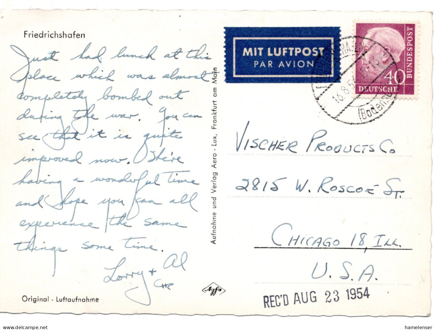 69717 - Bund - 1954 - 40Pfg Heuss I EF A LpAnsKte FRIEDRICHSHAFEN -> Chicago, IL (USA) - Covers & Documents