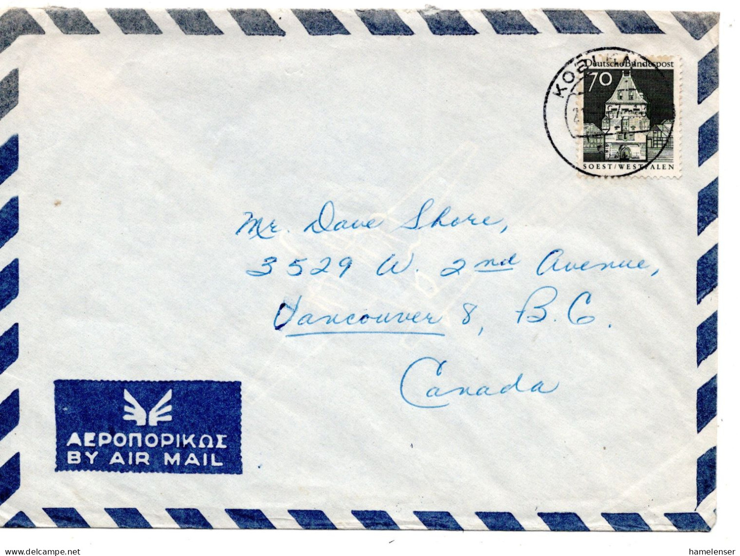 69719 - Bund - 1967 - 70Pfg Gr.Bauten EF A LpBf KOBLENZ -> Vancouver, BC (Canada) - Lettres & Documents