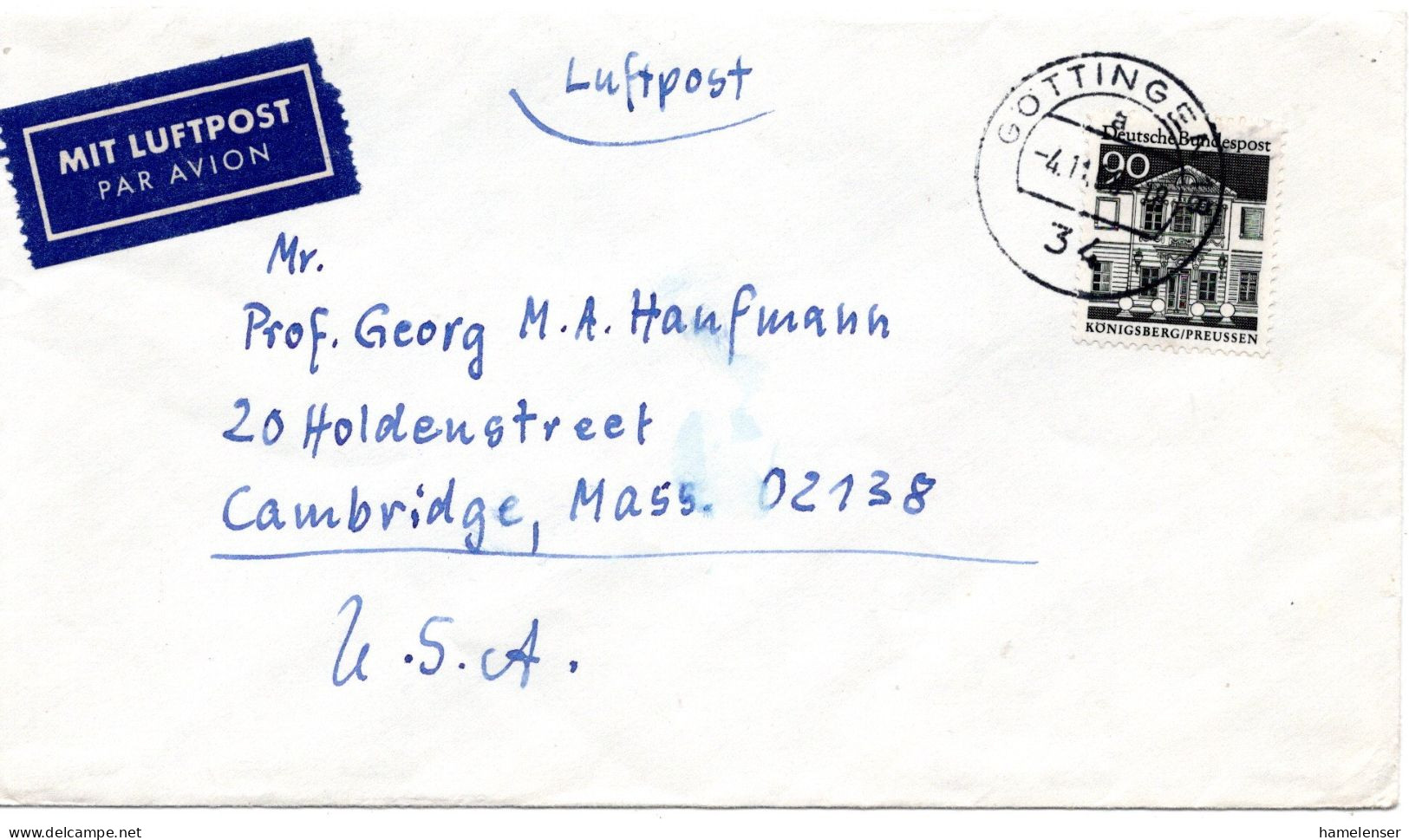 69724 - Bund - 1968 - 90Pfg Gr.Bauten EF A LpBf GOETTINGEN -> Cambridge, MA (USA) - Lettres & Documents