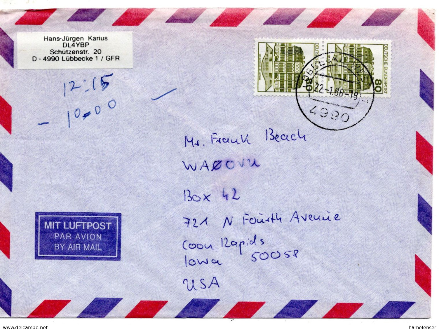 69726 - Bund - 1986 - 2@80Pfg B&S A LpBf LUEBBECKE -> Coon Rapids, IA (USA) - Storia Postale