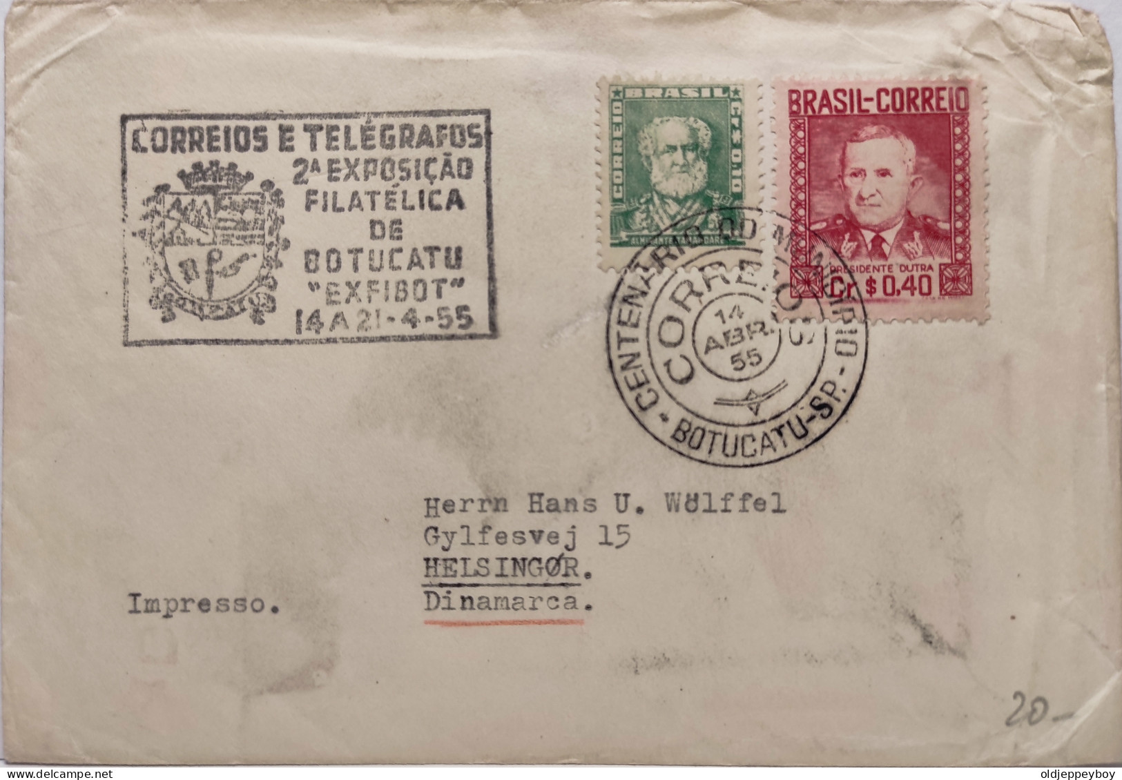 1955  CENTENÁRIO DO MUNICIPIO BOTUCATU  BRASIL BRAZIL  AIRMAIL COVER TO HELSINGOR DENMARK DANMARK RARE - Entiers Postaux