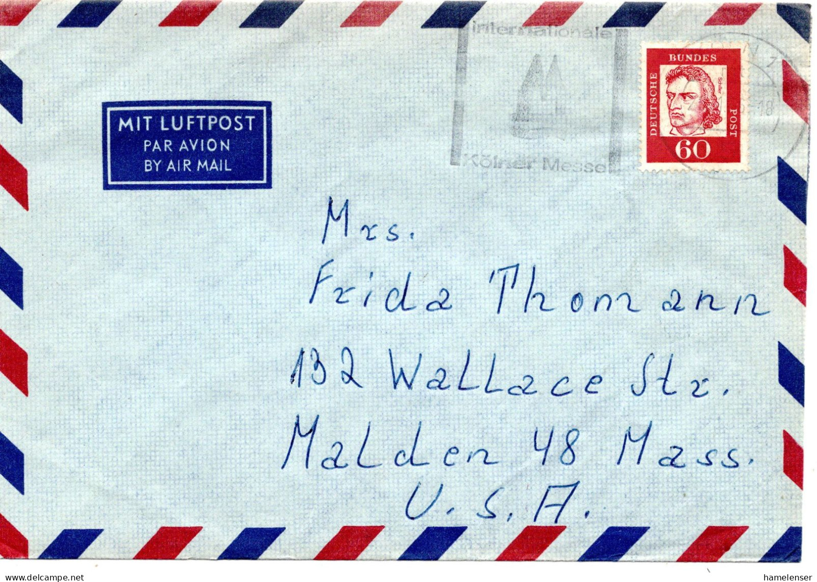 69730 - Bund - 1966 - 60Pfg Schiller EF A LpBf KOELN - ... -> Malden, MA (USA) - Briefe U. Dokumente