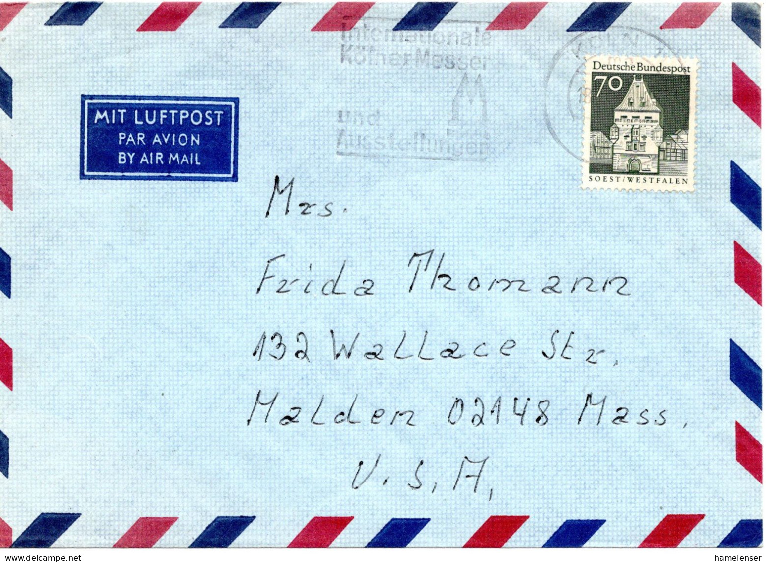 69731 - Bund - 1971 - 70Pfg Gr.Bauten EF A LpBf KOELN - ... -> Malden, MA (USA) - Storia Postale
