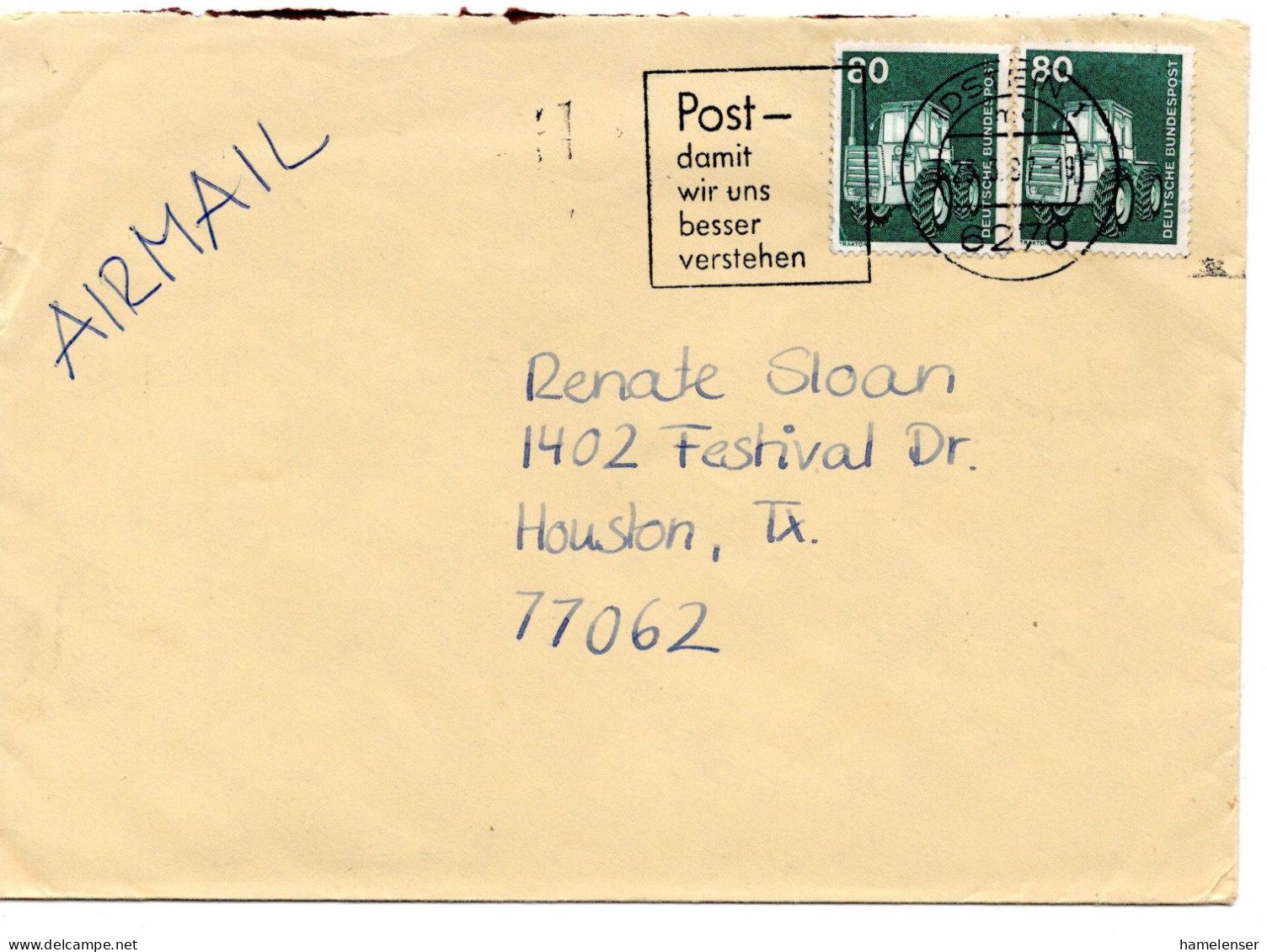 69734 - Bund - 1987 - 2@80Pfg I&T A LpBf IDSTEIN - ... -> Houston, TX (USA) - Cartas & Documentos