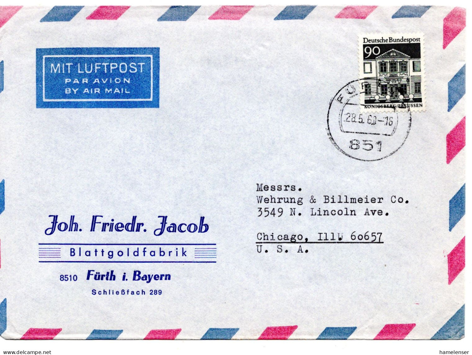 69735 - Bund - 1969 - 90Pfg Gr.Bauten EF A LpBf FUERTH -> Chicago, IL (USA) - Storia Postale