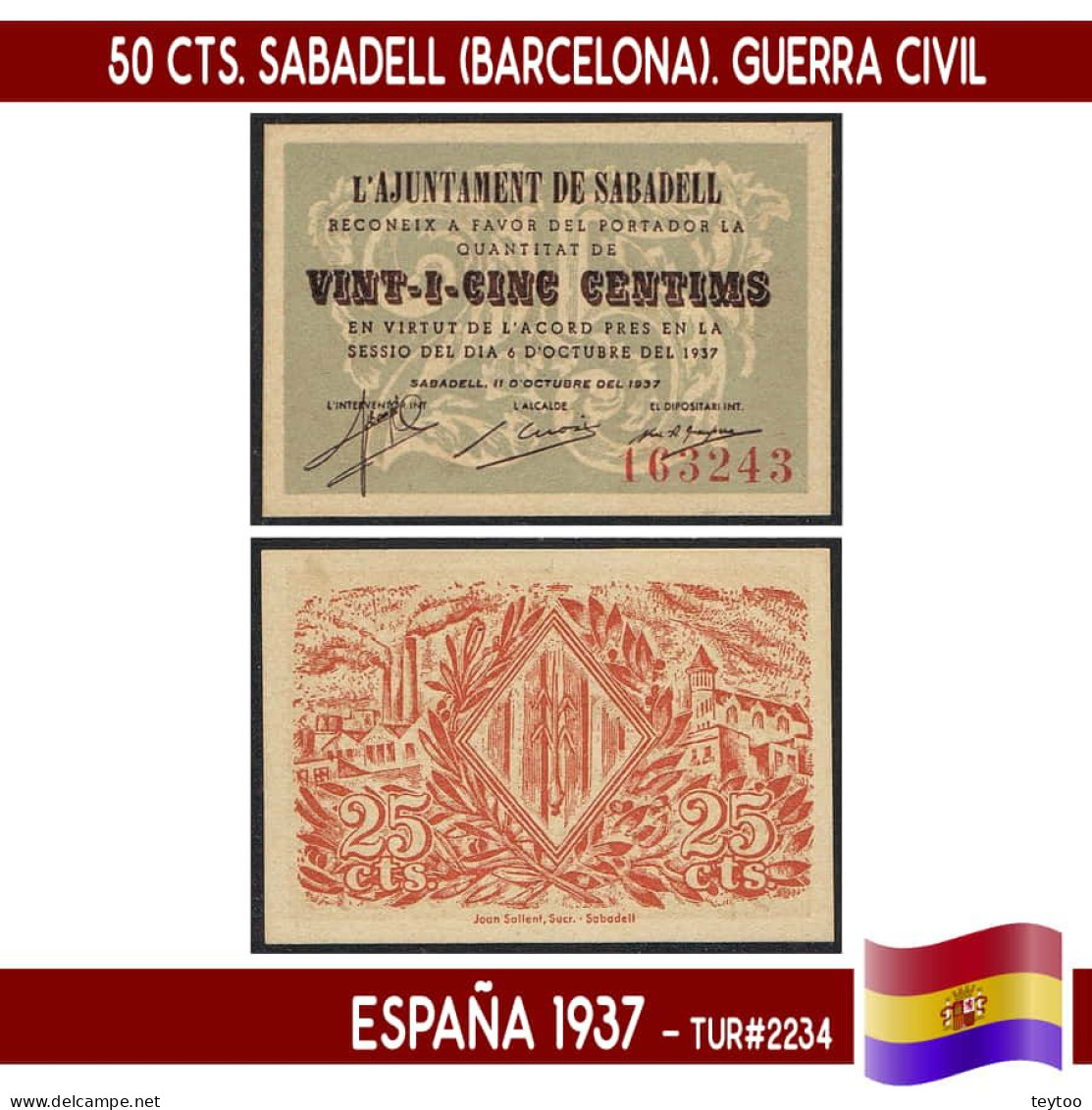 C0953.1# España 1937. 50 Cts. Sabadell (Barcelona) (UNC) TUR#2234 - 1-2 Pesetas