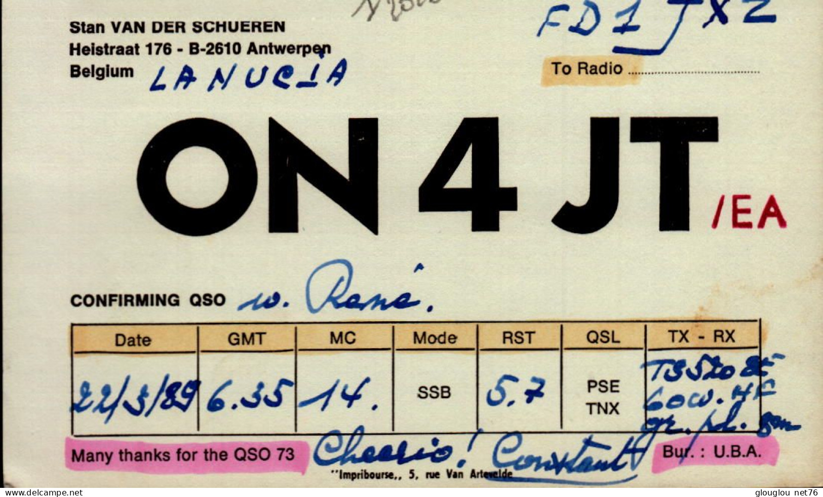 CARTE QSL.. BELGIUM..ON 4 JT .1989   DOS VIERGE - Radio