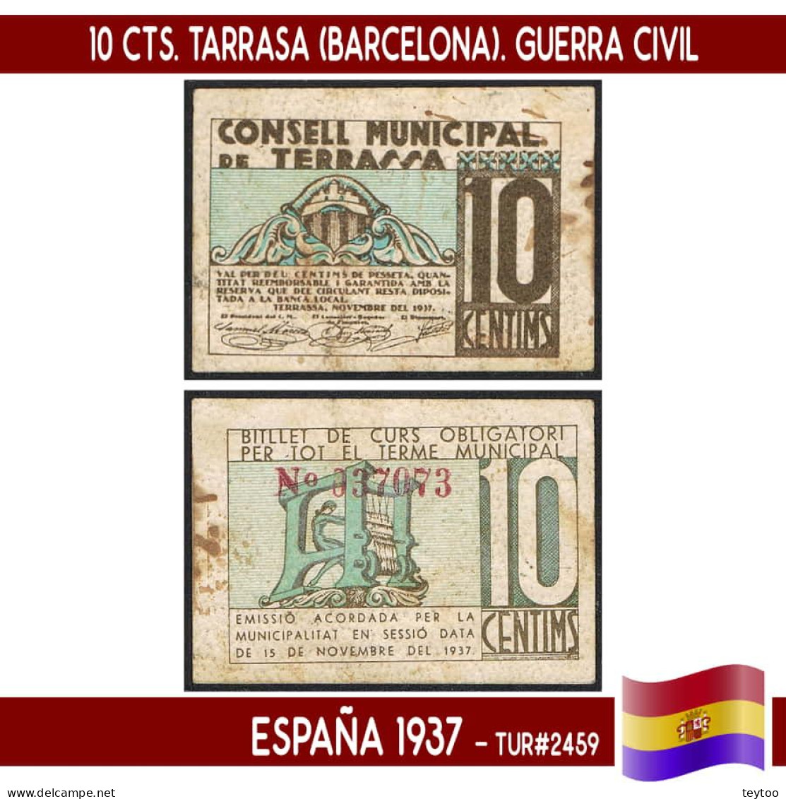 C0970.1# España 1937. 10 Cts. Tarrasa (Barcelona) (VF) TUR#2459 - 1-2 Pesetas