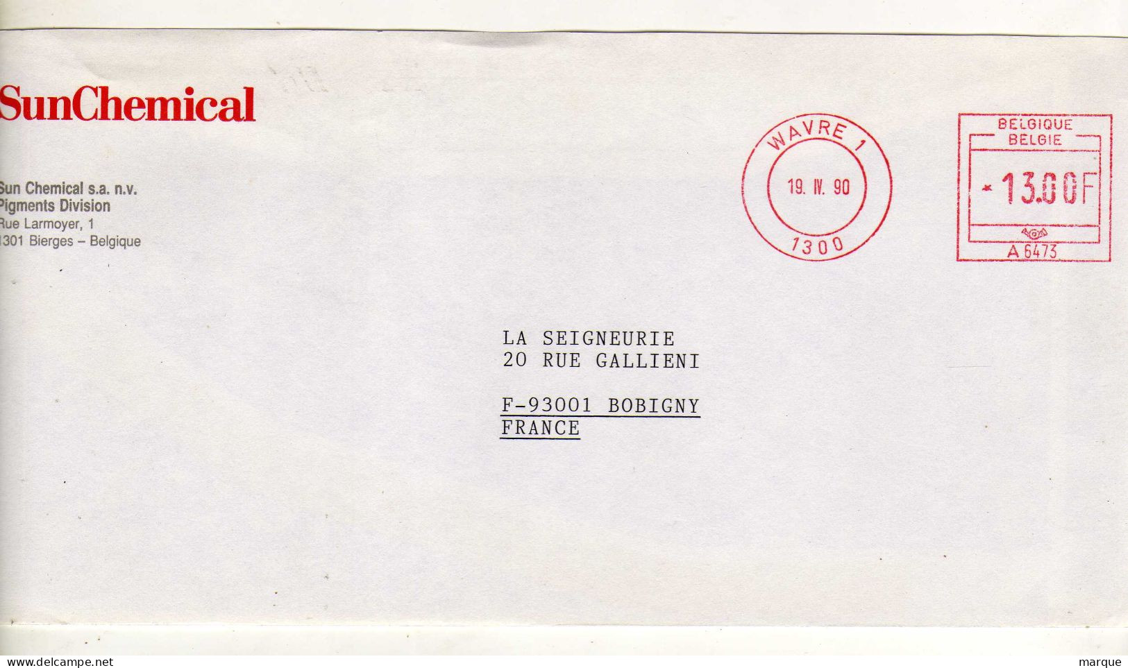 Enveloppe BELGIQUE BELGIE Oblitération E.M.A. WAVRE 1 19/04/1990 - 1980-1999