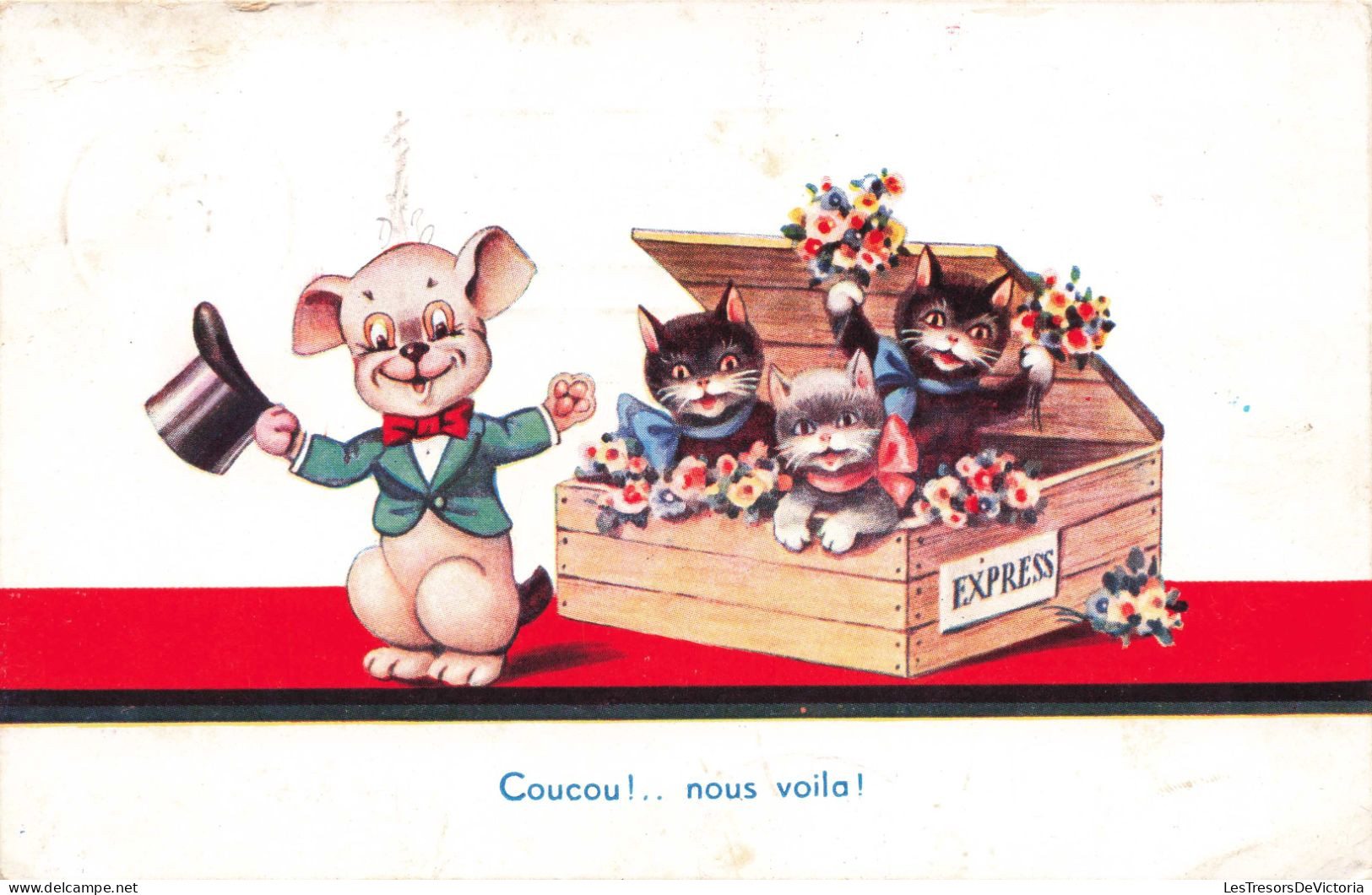 FANTAISIES - Animaux Habillés - Chatons En Rubans - Chien En Chapeau - Colorisé - Carte Postale Ancienne - Geklede Dieren