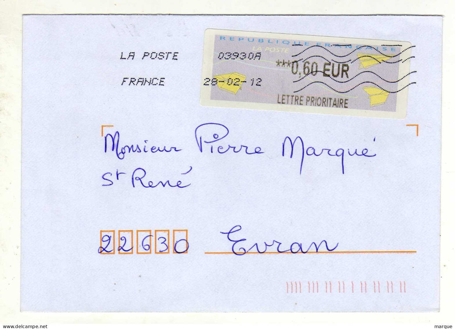 Enveloppe FRANCE Avec Vignette Affranchissement Lettre Prioritaire Oblitération LA POSTE 03930A 28/02/2012 - 2000 Type « Avions En Papier »