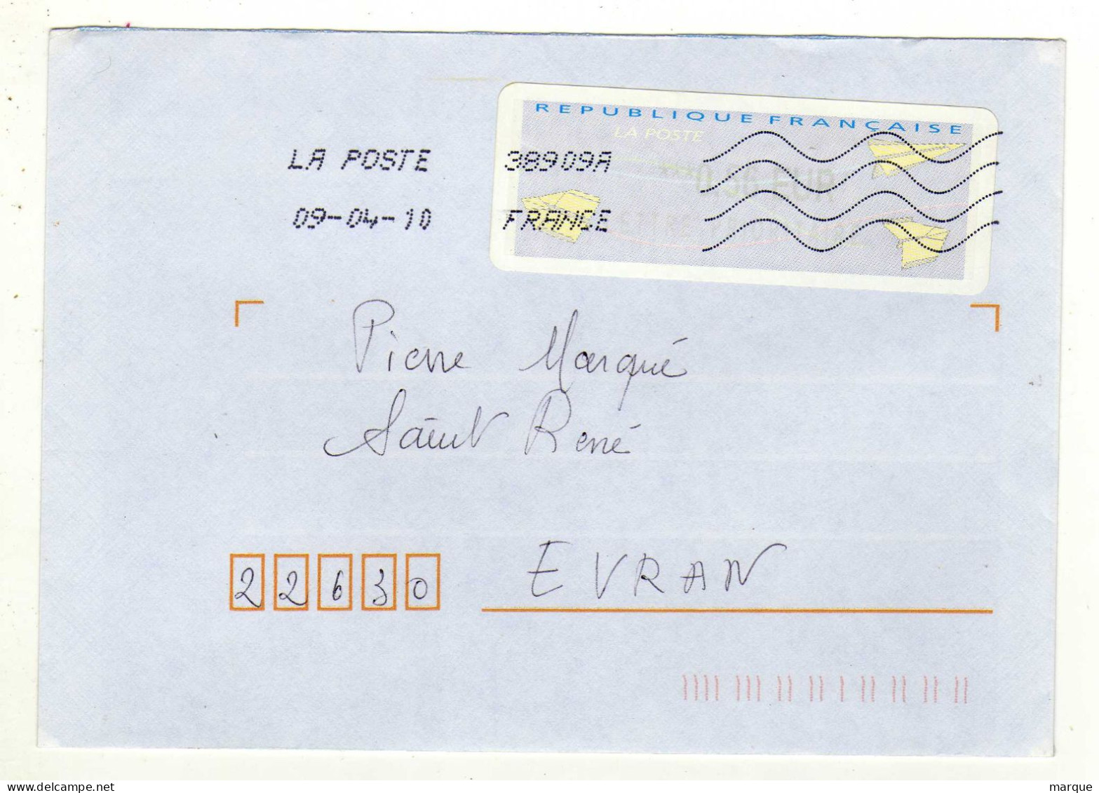 Enveloppe FRANCE Avec Vignette Affranchissement Oblitération LA POSTE 38909A 09/04/2010 - 2000 « Avions En Papier »