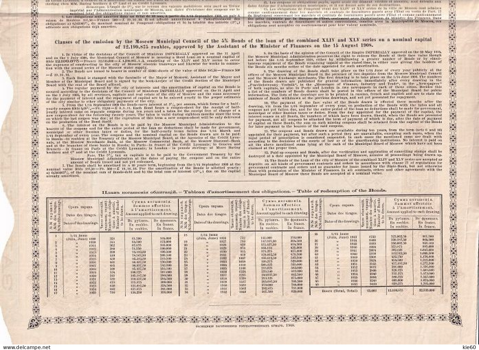 Russia  - 1908 -  187,5-  5%  Loan  - Moscow.. - Russie