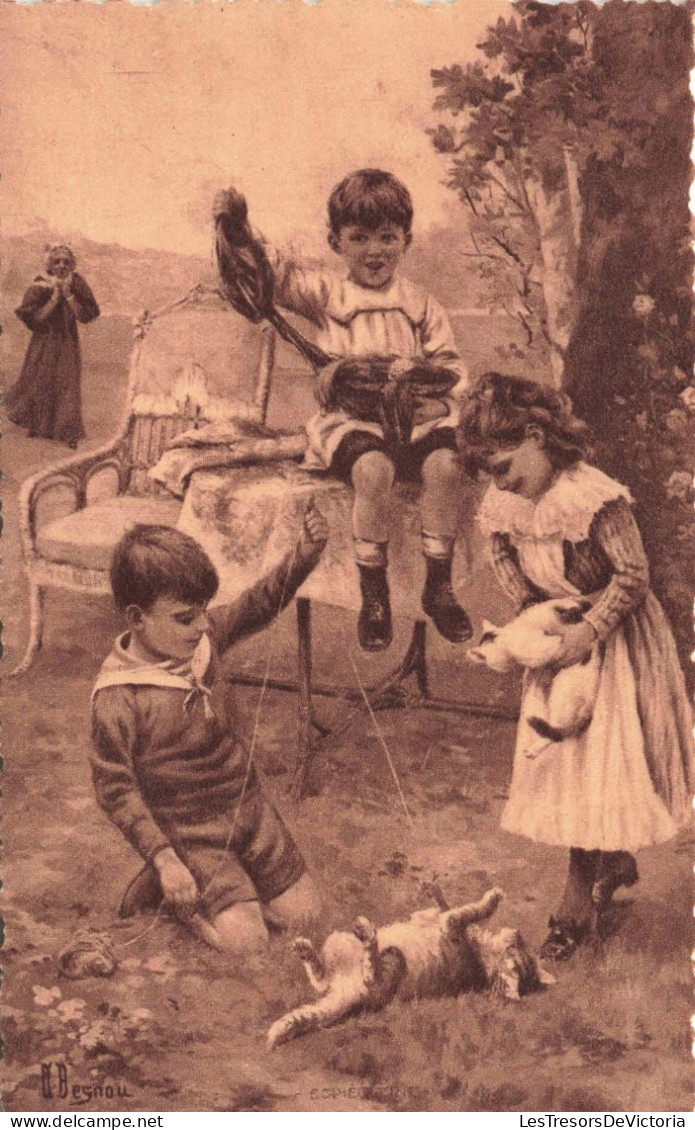 ENFANT - Dessin D'enfants - Trois Dans Leur Jardin Et Jouant Avec Leur Chat -  Carte Postale Ancienne - Children's Drawings