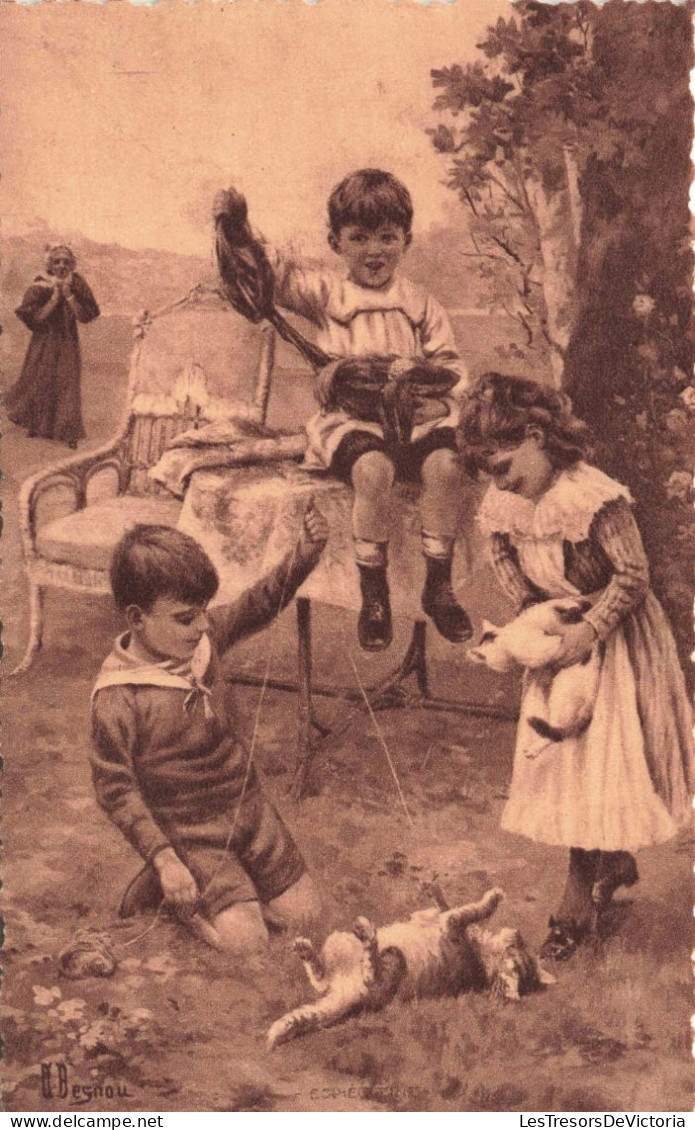 ENFANT - Dessin D'enfants - Trois Dans Leur Jardin Et Jouant Avec Leur Chat -  Carte Postale Ancienne - Disegni Infantili