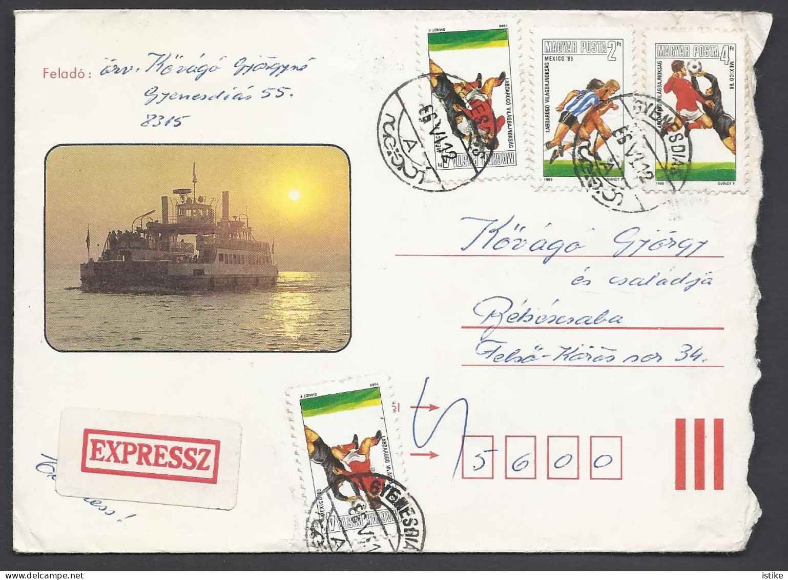 Hungary, Inland  Cover - Ferry, Soccer Mexico '86 Stamps, 1986. - Briefe U. Dokumente