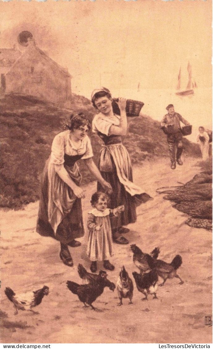 ENFANT - Scène - Une Mère Encourageant Son Bébé à Jouer Avec Les Poules - Port -  Carte Postale Ancienne - Kindertekeningen