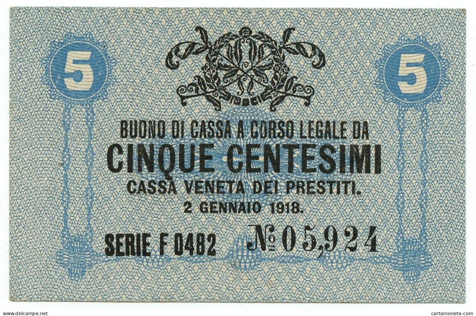 5 CENTESIMI CASSA VENETA DEI PRESTITI OCCUPAZIONE AUSTRIACA 02/01/1918 SUP - Oostenrijkse Bezetting Van Venetië