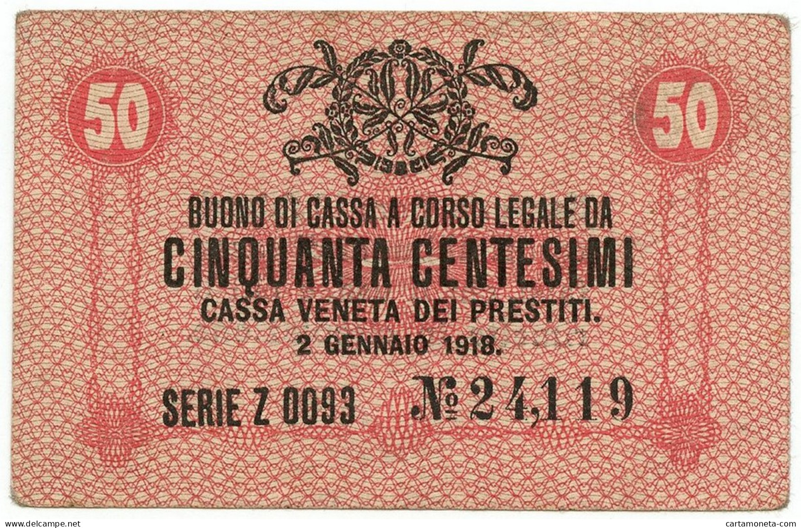 50 CENTESIMI CASSA VENETA DEI PRESTITI OCCUPAZIONE AUSTRIACA 02/01/1918 BB/SPL - Oostenrijkse Bezetting Van Venetië