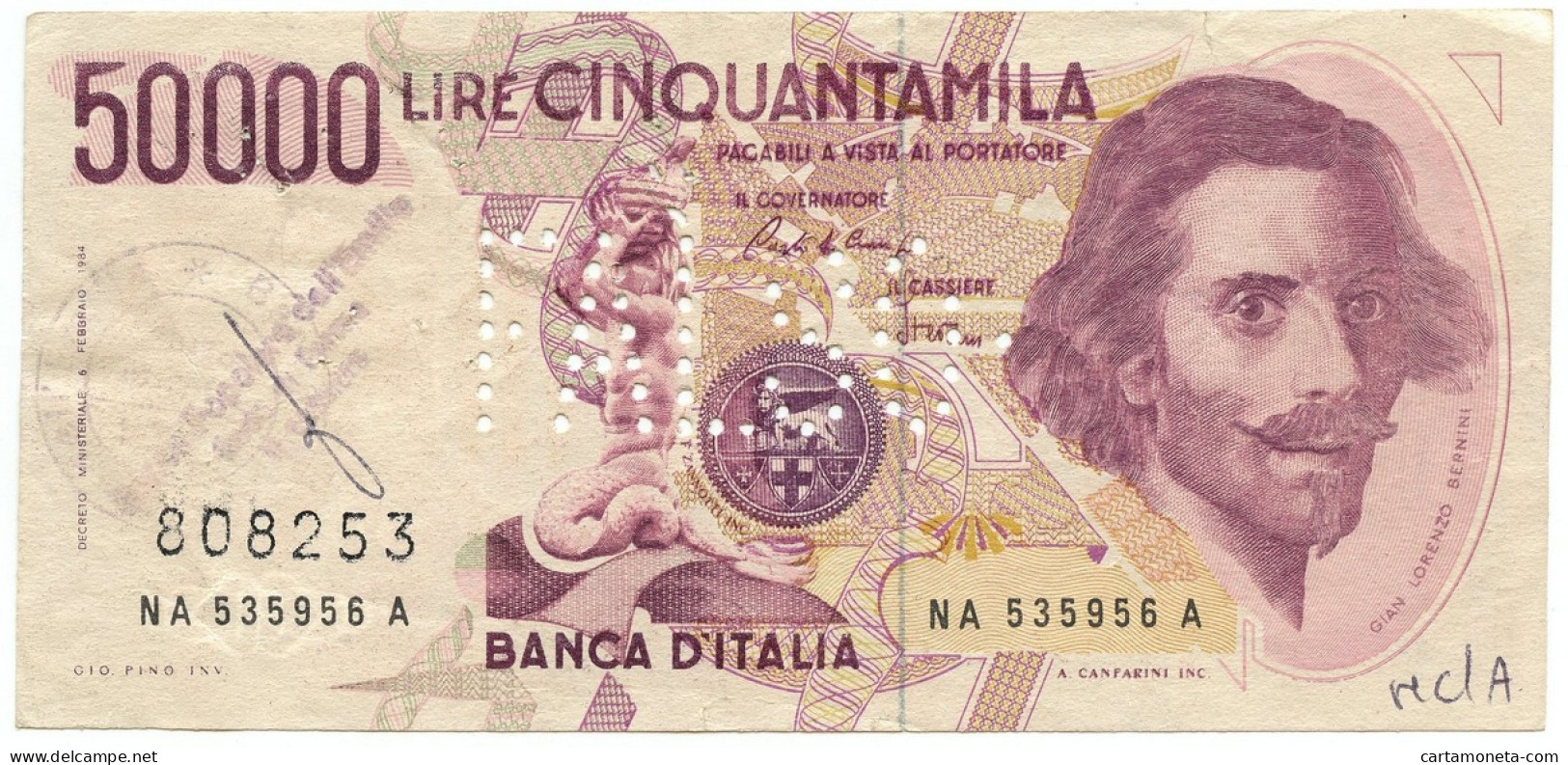 50000 LIRE FALSO D'EPOCA GIAN LORENZO BERNINI I TIPO LETTERA A 15/03/1984 BB- - [ 8] Falsi & Saggi