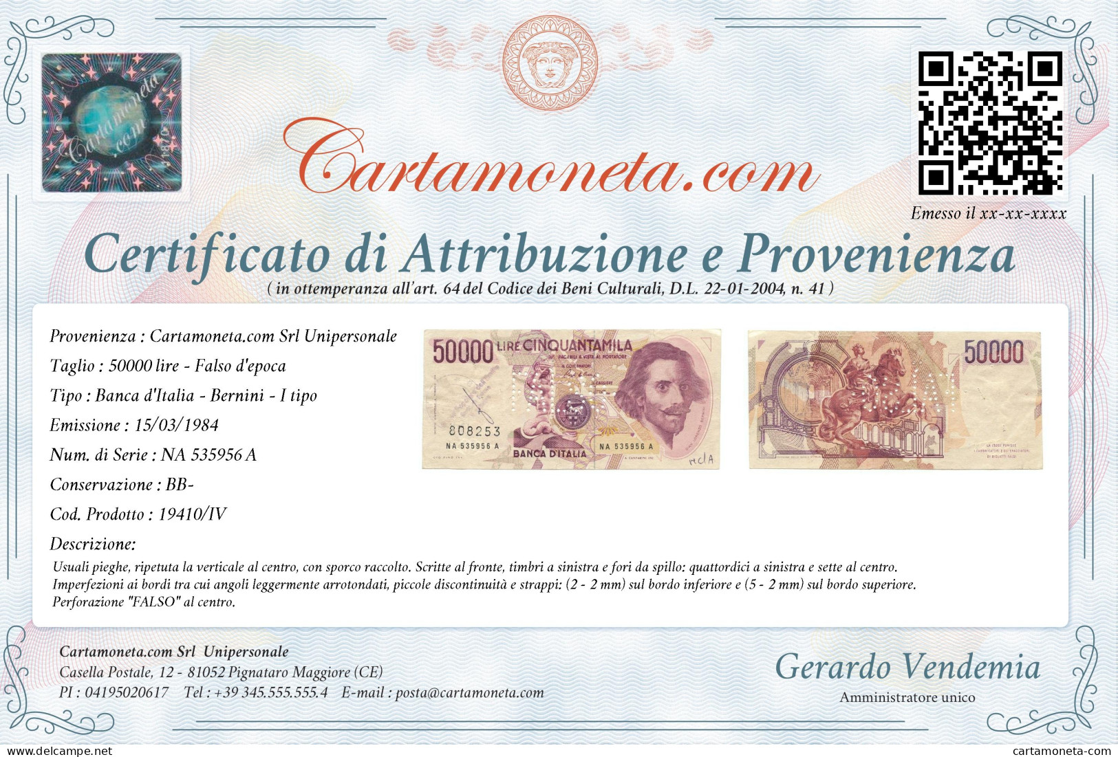 50000 LIRE FALSO D'EPOCA GIAN LORENZO BERNINI I TIPO LETTERA A 15/03/1984 BB- - [ 8] Fictifs & Specimens