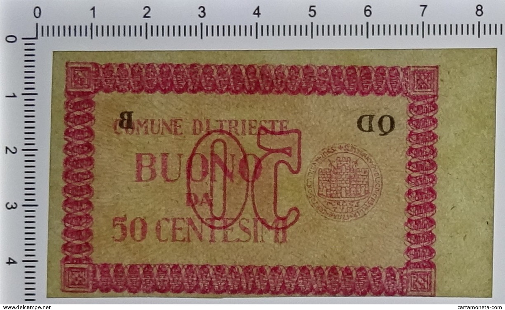 50 CENTESIMI CON BORDO DI FOGLIO (DESTRO) BUONO COMUNE DI TRIESTE 1945 SUP+ - Autres & Non Classés