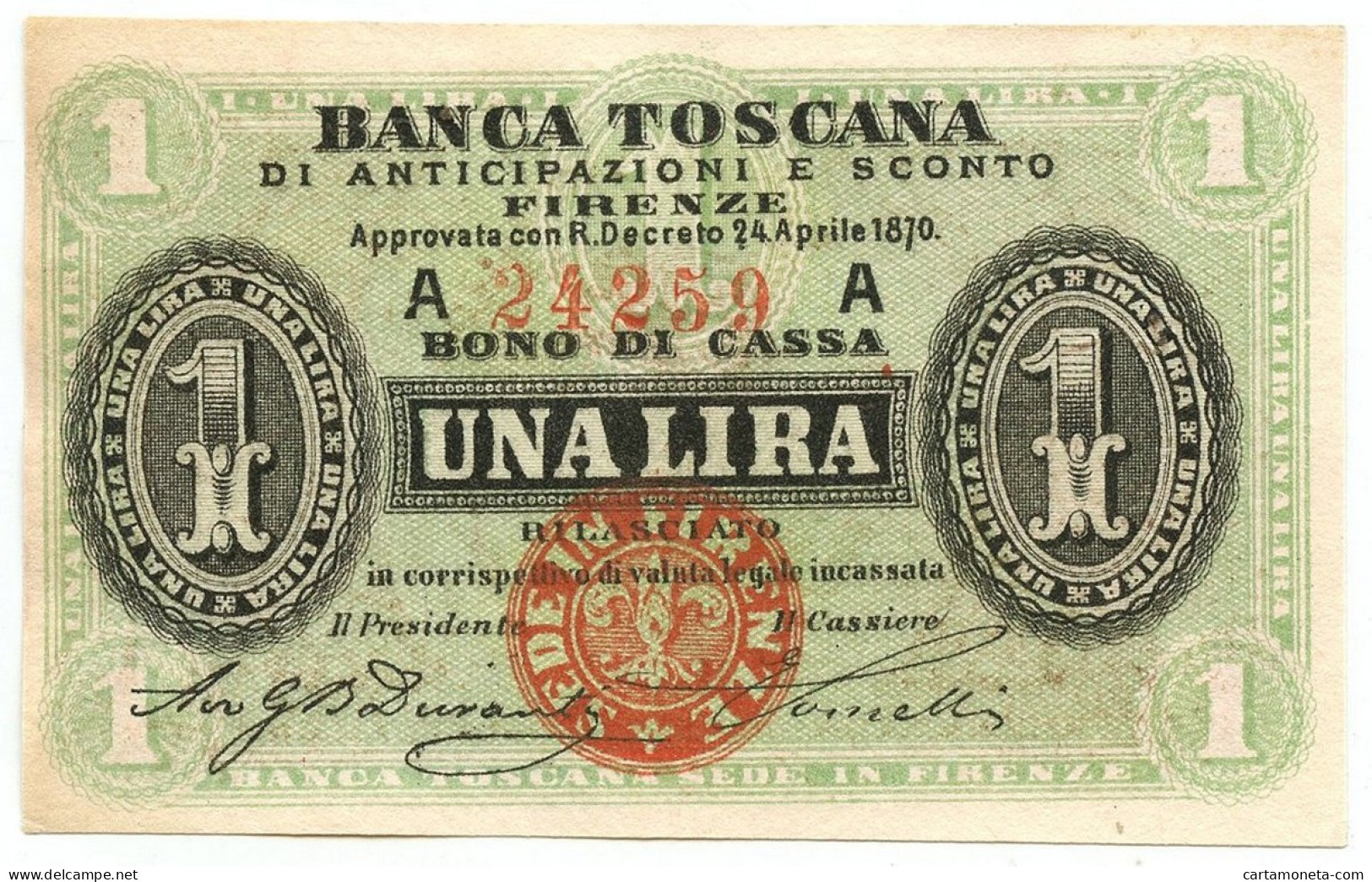 1 LIRA BANCA TOSCANA DI ANTICIPAZIONI E SCONTO FIRENZE 24/04/1870 SUP - Other & Unclassified