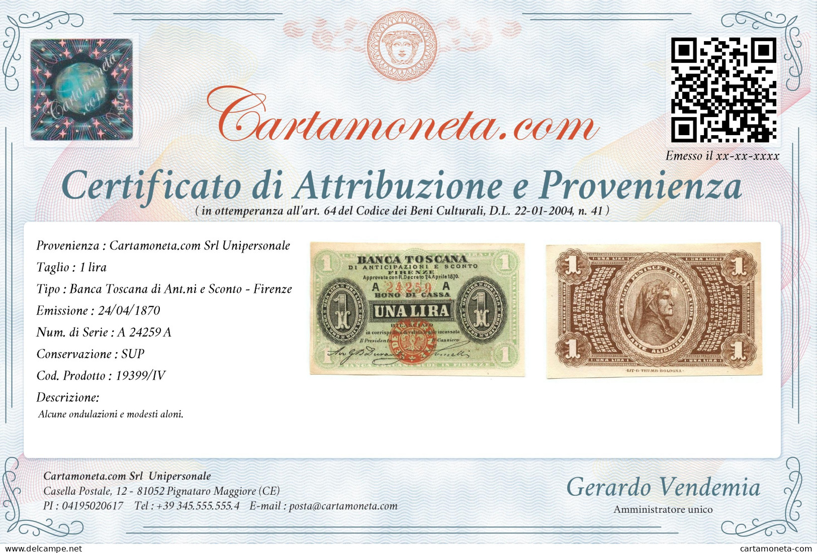 1 LIRA BANCA TOSCANA DI ANTICIPAZIONI E SCONTO FIRENZE 24/04/1870 SUP - Other & Unclassified