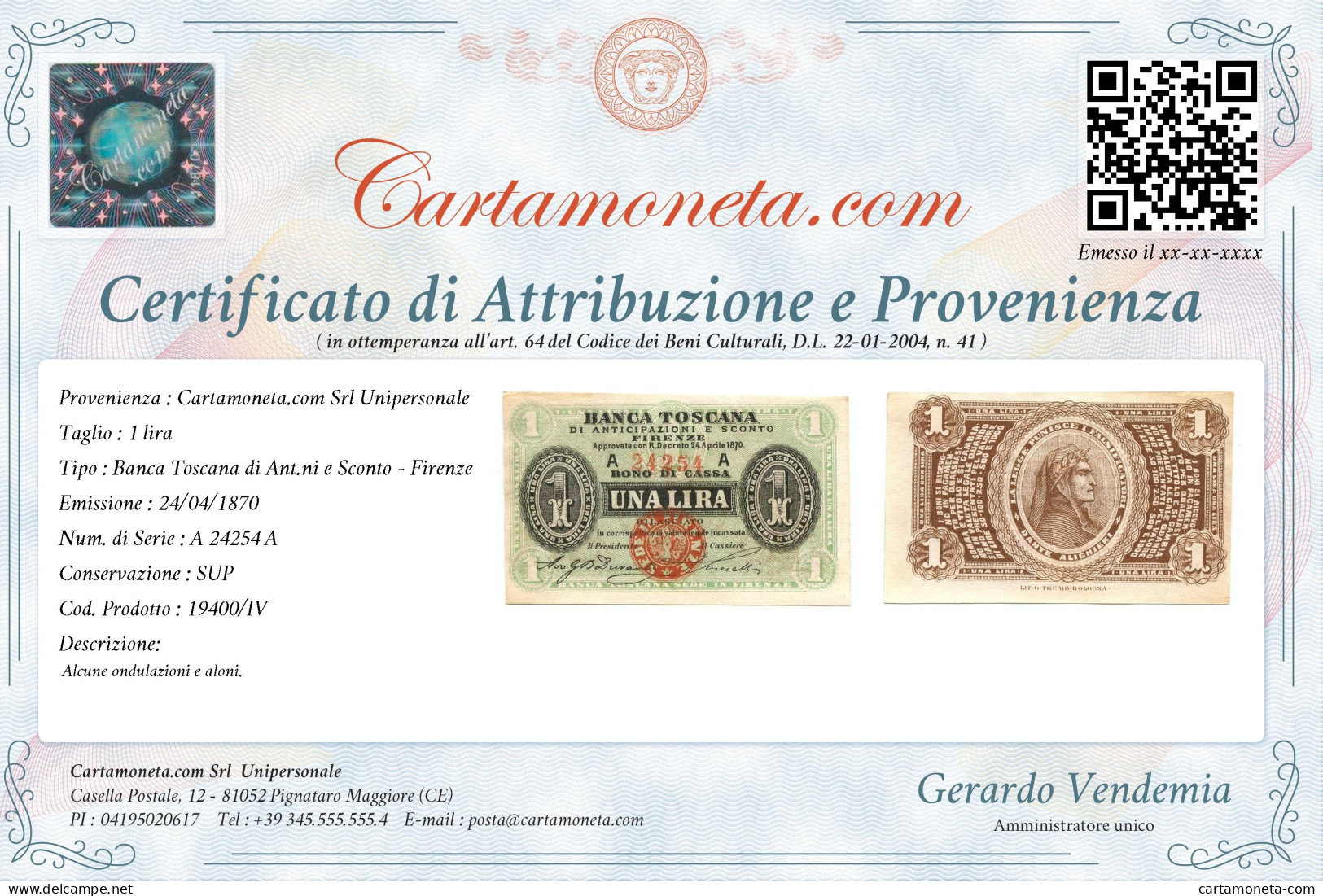 1 LIRA BANCA TOSCANA DI ANTICIPAZIONI E SCONTO FIRENZE 24/04/1870 SUP - Sonstige & Ohne Zuordnung