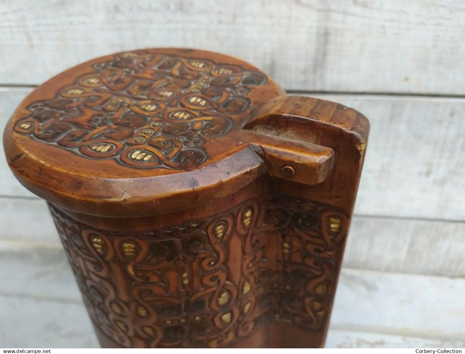 Ancien Pichet, Chope ou Mesure Bois Sculpté Polychrome Art Populaire / Suisse Suède Queyras XIXe