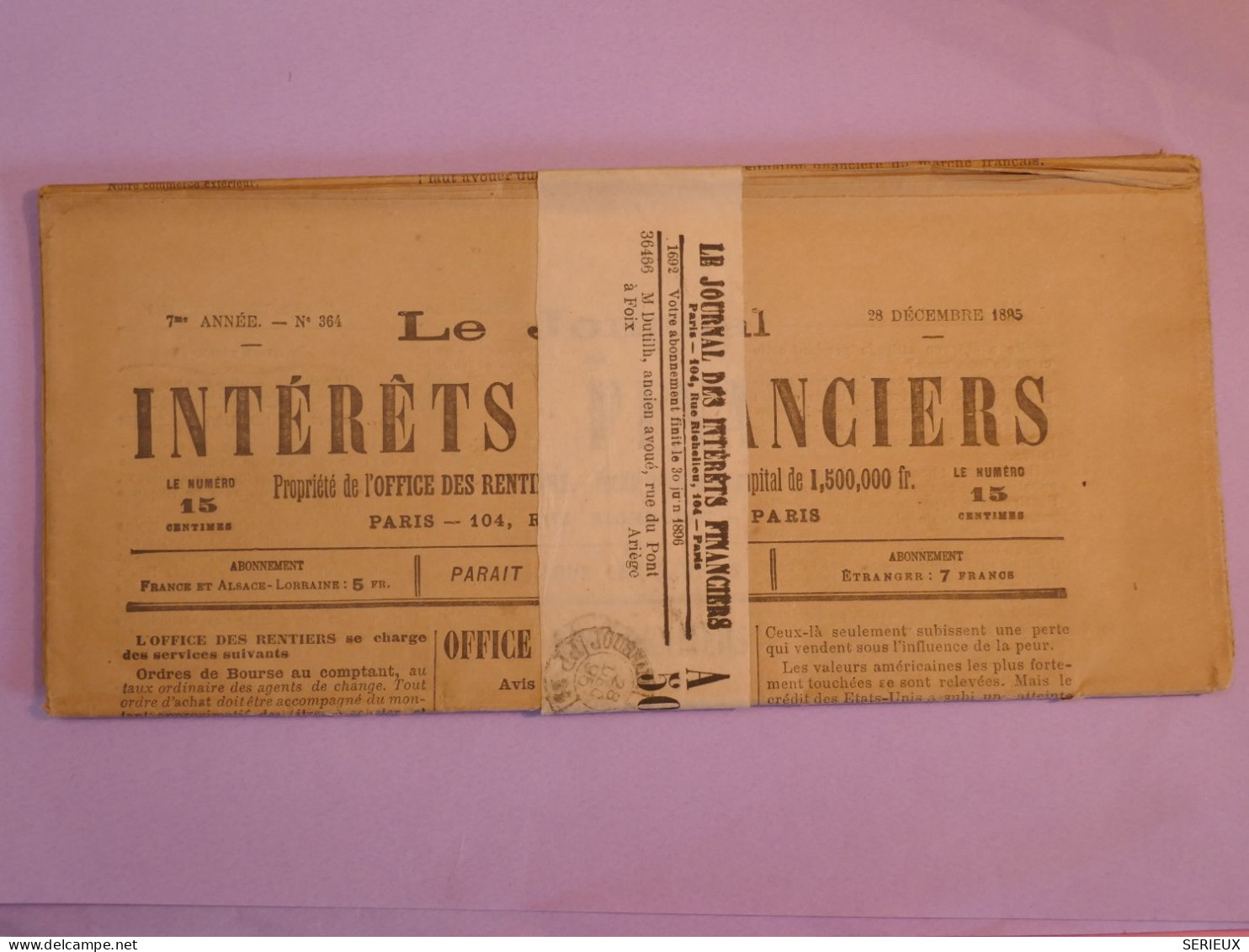 DA7 FRANCE JOURNAL  DES INTERETS FINANCIERS RR 28 DEC. 1895 ++AFFR. INTERESSANT+++ - Newspapers