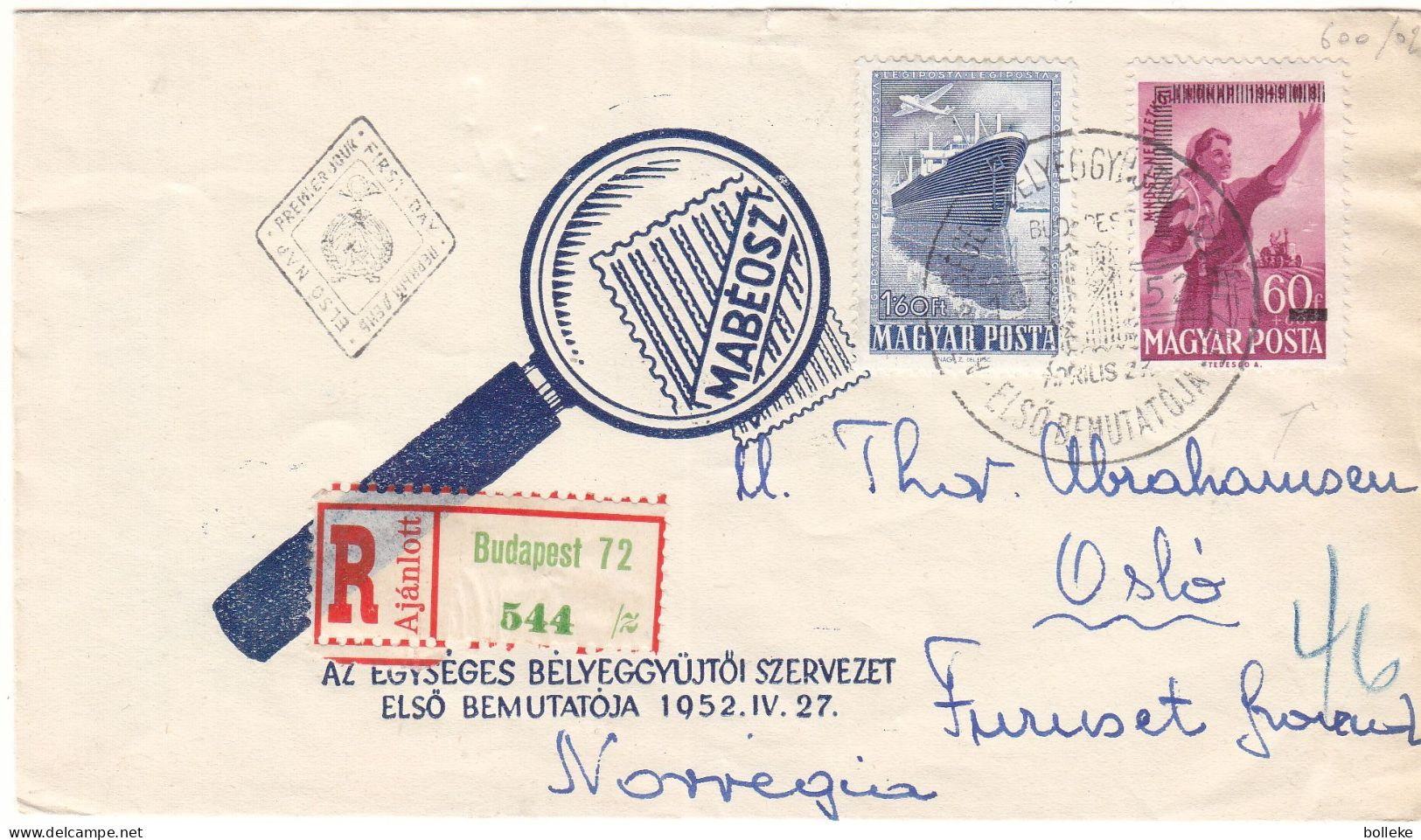 Hongrie - Lettre Recom FDC De 1952 - Oblit Budapest - Exp Vers Oslo - Bateaux - Tracteurs - Valeur 75 Euros - Brieven En Documenten