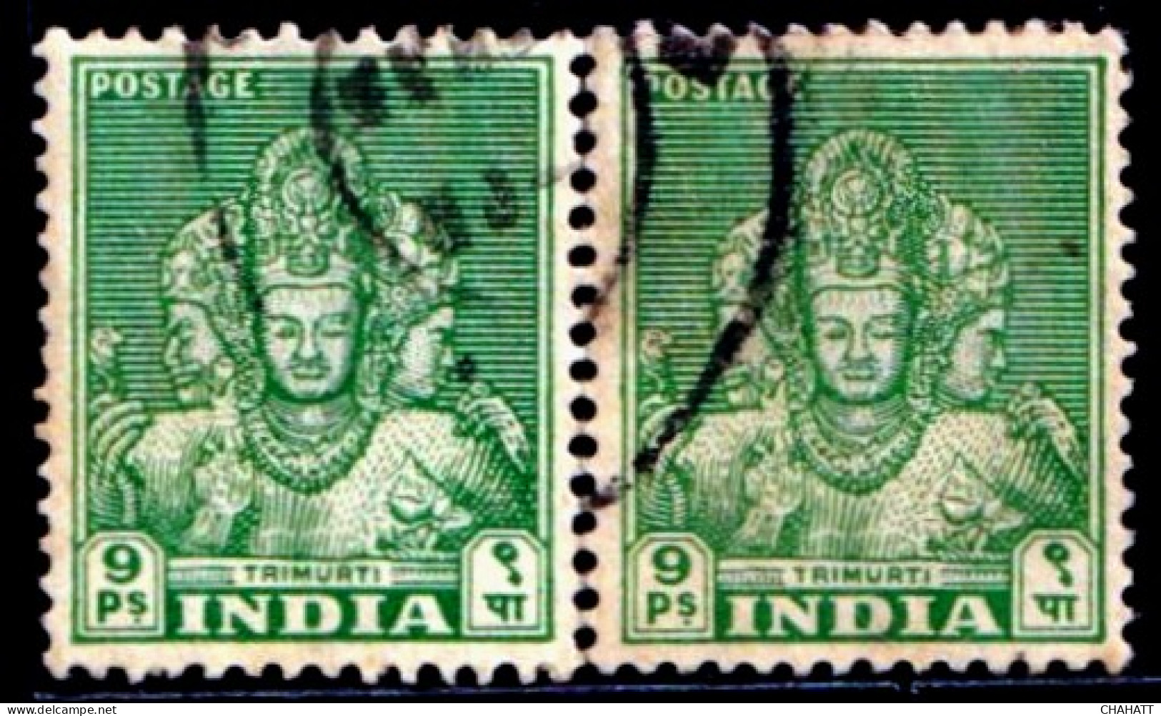 HINDUISM- ARCHAEOLOGICAL SERIES-9 PAISA- TRIMURTI-ELEPHANTA CAVES- ERROR-COLOR VARIETIY- SCARCE-INDIA-1949-FU-IE-94 - Hinduism