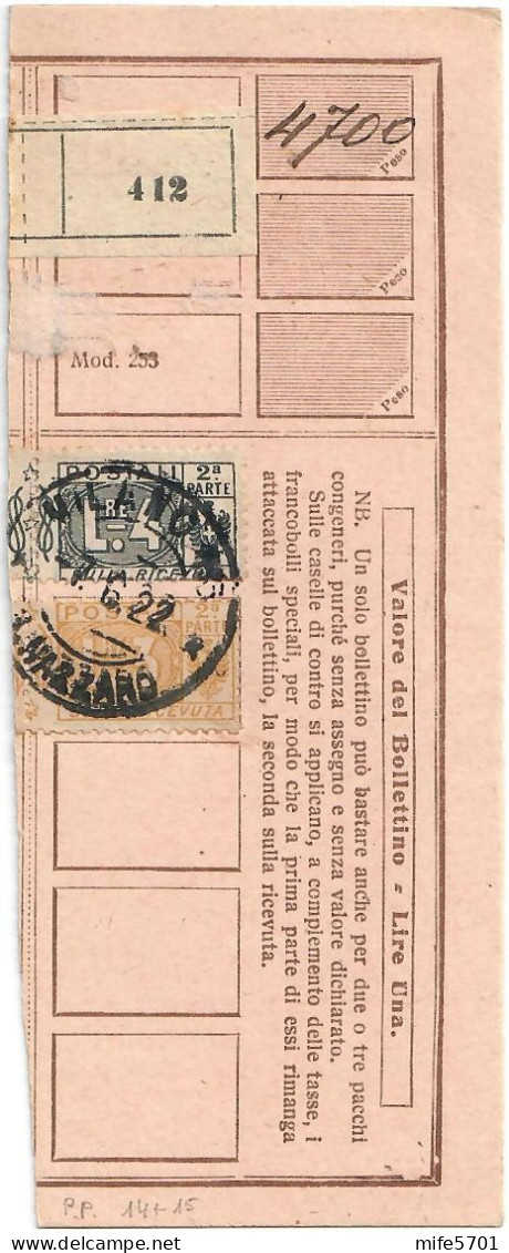 REGNO D'ITALIA - MODULO RICEVUTA DEI PACCHI L. 3 E L. 4 MILANO 7.6.1922 (SOLO PARTE DESTRA FRANCOBOLLI) SASSONE PP14/15 - Postal Parcels