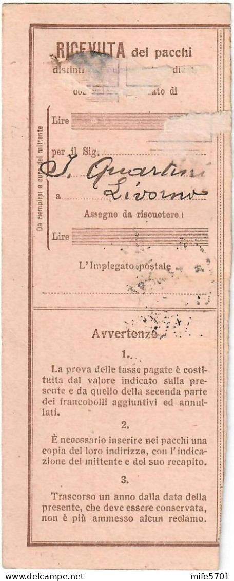 REGNO D'ITALIA - MODULO RICEVUTA DEI PACCHI L. 3 E L. 4 MILANO 7.6.1922 (SOLO PARTE DESTRA FRANCOBOLLI) SASSONE PP14/15 - Postal Parcels