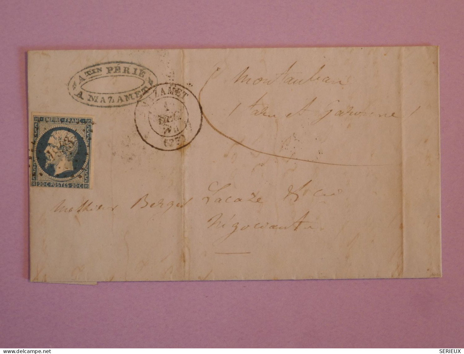 DA7 FRANCE   BELLE LETTRE   1854  PETIT BUREAU MAZAMET    + NAPOLEON N°14 FONCé+AFFR. INTERESSANT+++ - 1853-1860 Napoléon III
