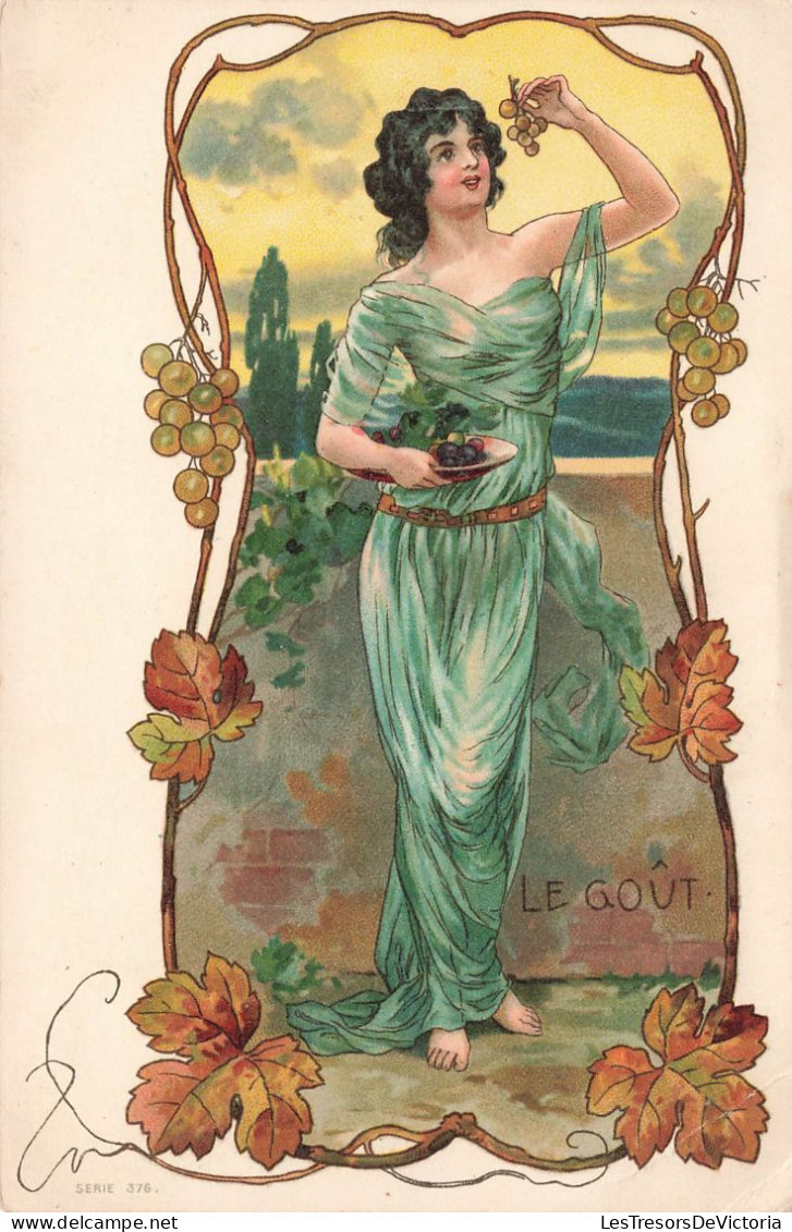 Illustrateur - Le Goût - Femme Qui Mange Du Raisin - Cadre Végétal  - Carte Postale Ancienne - Non Classés