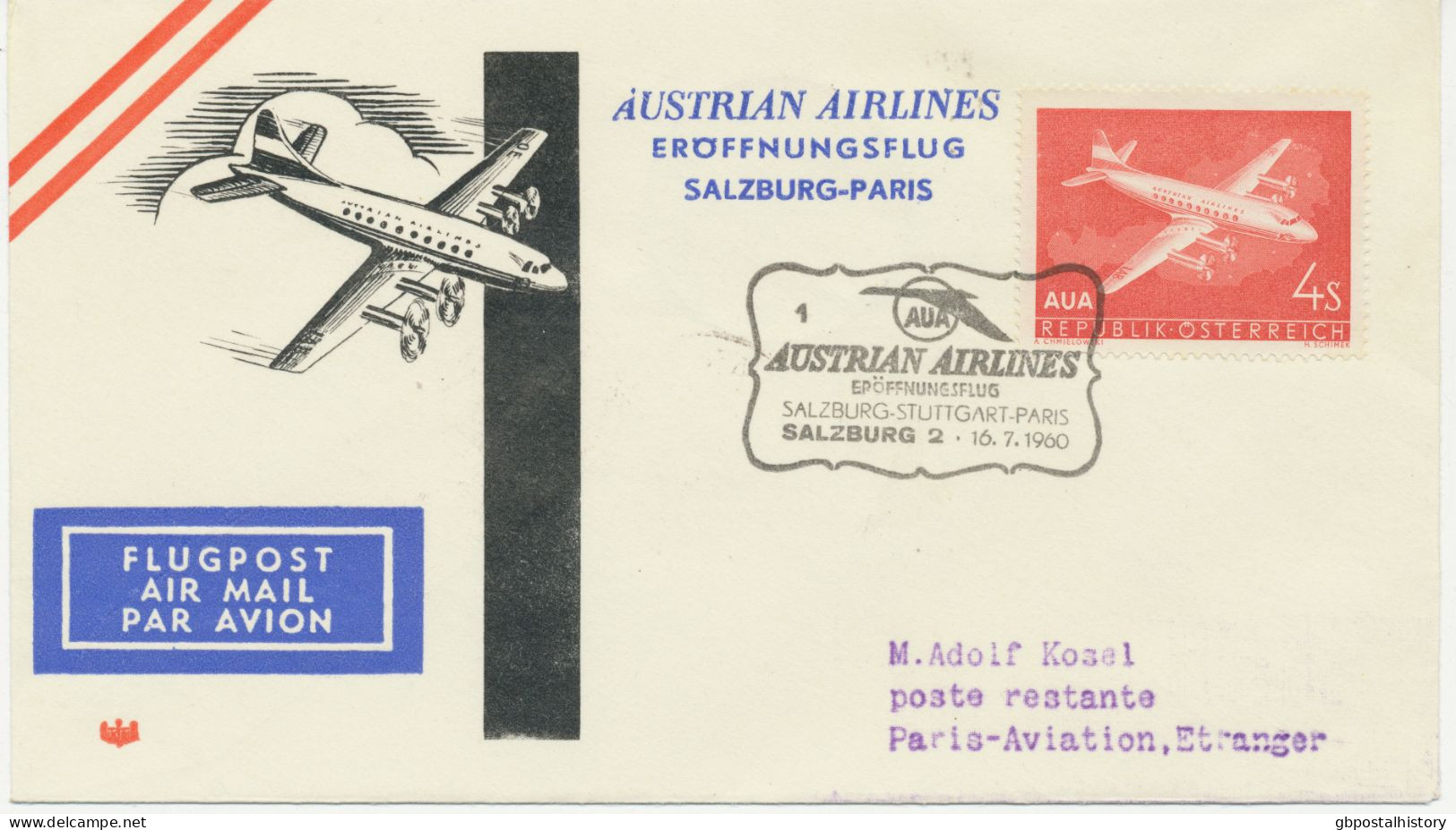 ÖSTERREICH 16.7.1960, AUA Erstflug „SALZBURG – PARIS“    AUSTRIA Superb First Flight With AUA - Eerste Vluchten