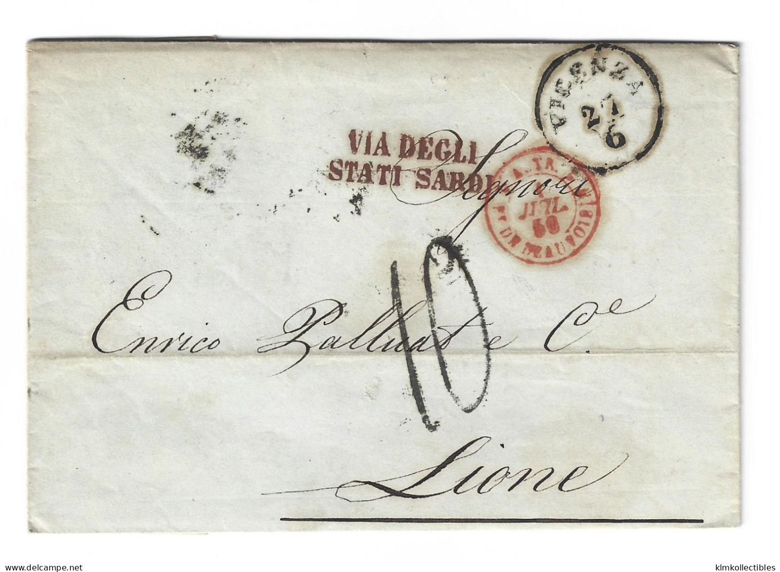 ITALY ITALIA - 1856 PIROSCAFI STAMPLESS LETTER TO FRANCE - VICENZA TO LYON - VIA DEGLI STATI SARDI CACHET - Ohne Zuordnung