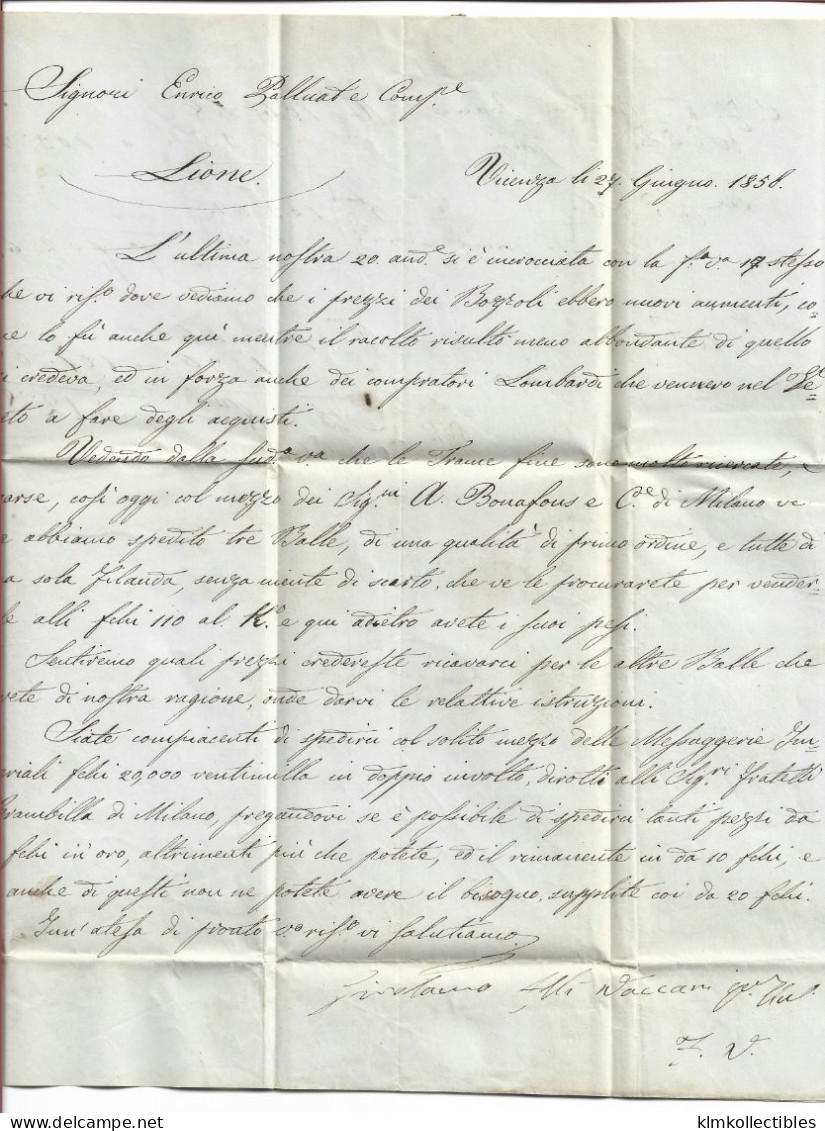 ITALY ITALIA - 1856 PIROSCAFI STAMPLESS LETTER TO FRANCE - VICENZA TO LYON - VIA DEGLI STATI SARDI CACHET - Sin Clasificación