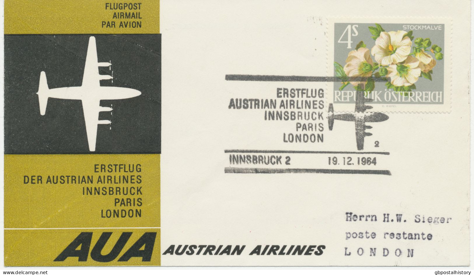 ÖSTERREICH 19.12.1964, AUA Erstflug „INNSBRUCK – LONDON“    AUSTRIA Superb First Flight With AUA - Erst- U. Sonderflugbriefe